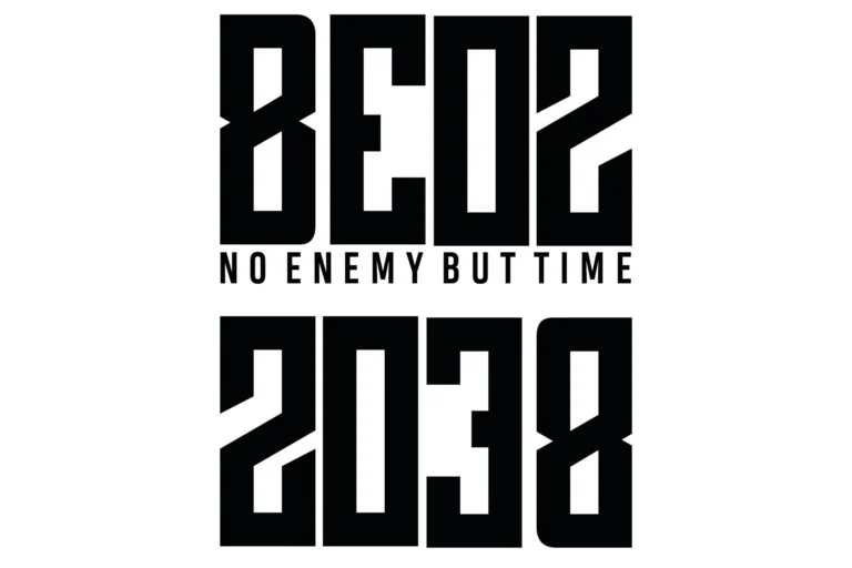 Schwarz-weisses BEOZ-Logo mit dem Motto «NO ENEMY BUT TIME». Um 180 Grad gedreht wird aus BEOZ die Zahl 2038.