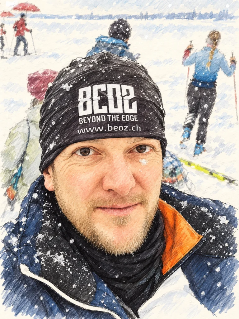 Aquarellzeichnung von BEOZ-Mitglied Benno mit schwarzer BEOZ-Mütze und schneebedeckter Winterjacke beim Engadiner Skimarathon 2024. Im Hintergrund sind weitere Langläufer im Schneetreiben zu sehen.