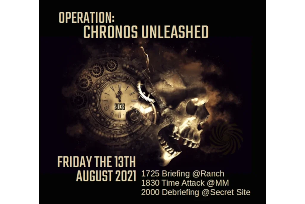 Düsteres Plakat zur Operation Chronos Unleashed mit Totenkopf, mechanischem Uhrwerk und der Jahreszahl 2038. Aktion vom Freitag, 13. August 2021.