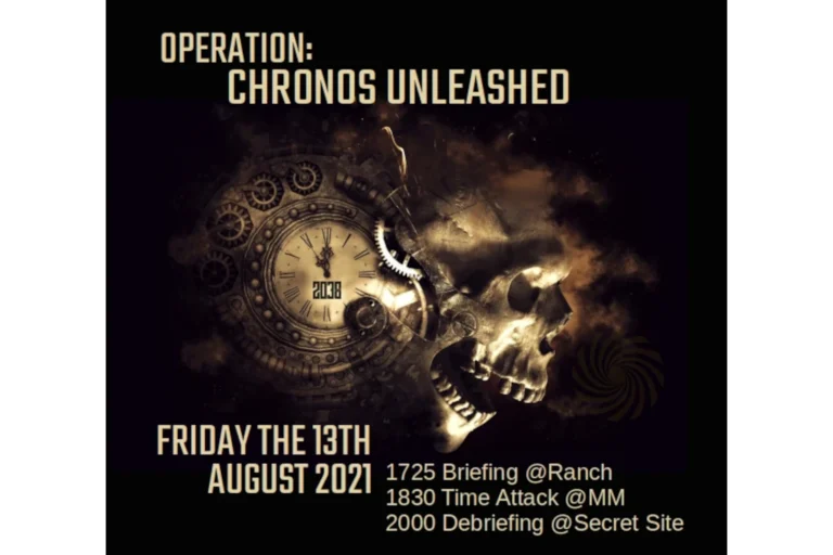 Düsteres Plakat zur Operation Chronos Unleashed mit Totenkopf, mechanischem Uhrwerk und der Jahreszahl 2038. Aktion vom Freitag, 13. August 2021.