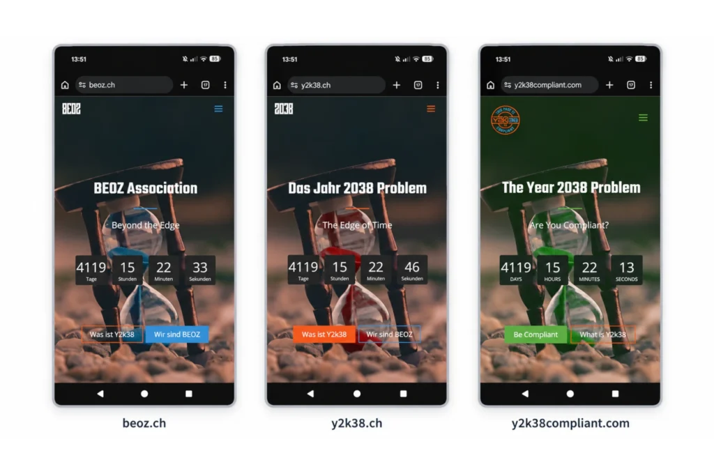 Collage mit drei Smartphone-Screenshots der Webseiten beoz.ch, y2k38.ch und y2k38compliant.com im direkten Vergleich.