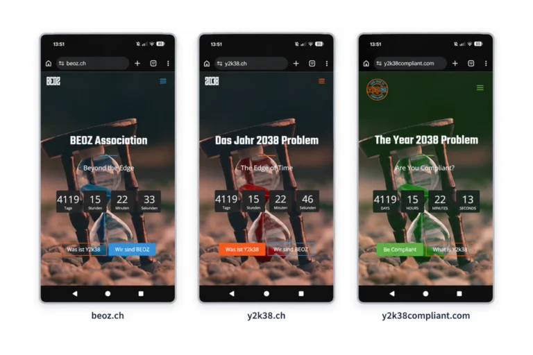 Collage mit drei Smartphone-Screenshots der Webseiten beoz.ch, y2k38.ch und y2k38compliant.com im direkten Vergleich.