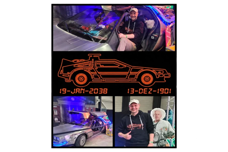 Bildcollage mit dem BEOZ-Präsidenten im DeLorean an der LUGA 2024, einem Erinnerungsfoto mit Doc Brown und einer orangefarbenen DeLorean-Grafik mit den Zeitreise-Daten 2038 und 1901.