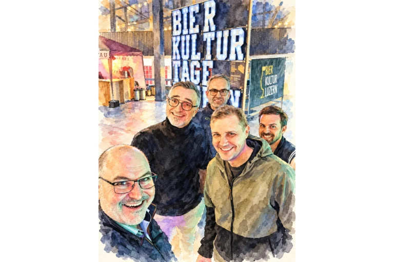 Fünf Mitglieder der BEOZ Association vor dem Leuchtschild der Bier Kultur Tage Luzern 2026, als Aquarellzeichnung gestaltet.