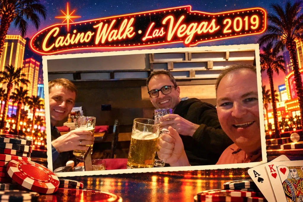 Drei Freunde stossen 2019 mit Biergläsern an. Das historische Foto ist in eine farbenfrohe Las-Vegas-Illustration mit Neonlichtern, Spielkarten und Casino-Chips eingebettet.