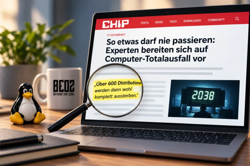 Illustration eines CHIP-Artikels zum Jahr-2038-Problem auf einem Laptop. Eine Lupe hebt das Zitat über 600 Linux-Distributionen hervor. Daneben steht der Linux-Pinguin Tux.