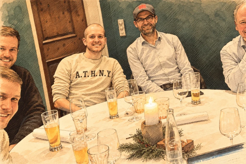 Illustration einer geselligen Runde bei der ersten physischen Mitgliederversammlung der BEOZ Association am 19. Januar 2023 im Bierstübli des Restaurants Eichhof.