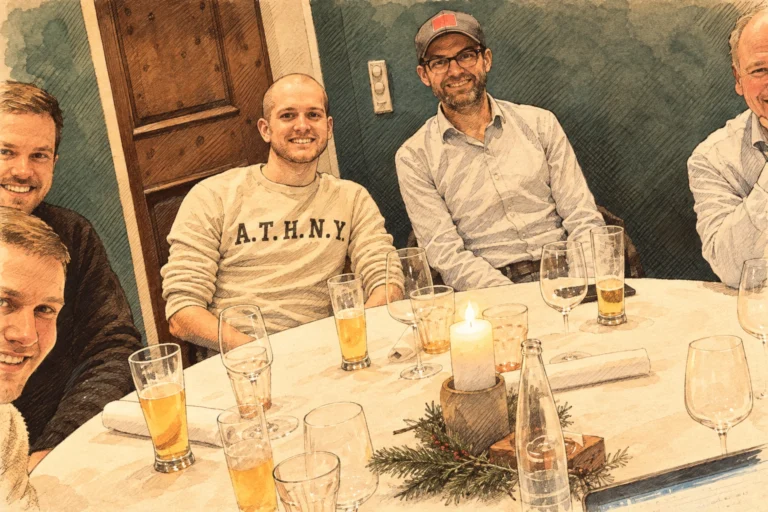 Illustration einer geselligen Runde bei der ersten physischen Mitgliederversammlung der BEOZ Association am 19. Januar 2023 im Bierstübli des Restaurants Eichhof.