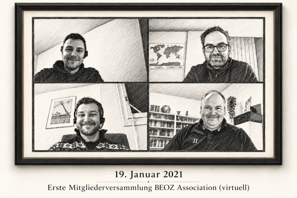 Gerahmte Schwarz-Weiss-Bleistiftskizze der ersten virtuellen Mitgliederversammlung der BEOZ Association am 19. Januar 2021 mit vier Teilnehmern in einer Videokonferenz.