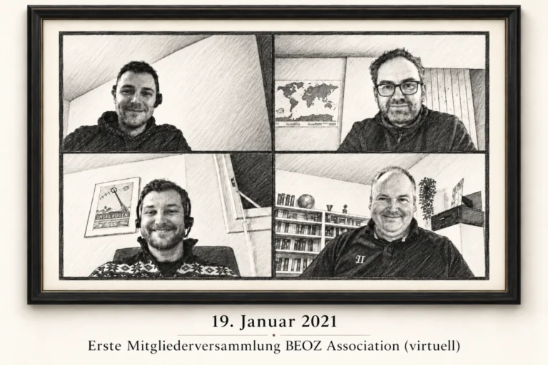 Gerahmte Schwarz-Weiss-Bleistiftskizze der ersten virtuellen Mitgliederversammlung der BEOZ Association am 19. Januar 2021 mit vier Teilnehmern in einer Videokonferenz.