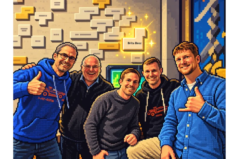 Retroartig stilisiertes Gruppenbild von fünf BEOZ-Mitgliedern im Gameorama in Luzern. Im Hintergrund ist Britas hervorgehobener Tetris-Stein an der Spenderwand zu sehen.