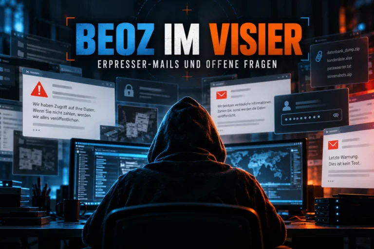 Dunkle Cybersecurity-Illustration mit einem vermummten Hacker vor mehreren Bildschirmen, eingeblendeten Erpresser-Mails und der Überschrift «BEOZ im Visier» in Blau und Orange.