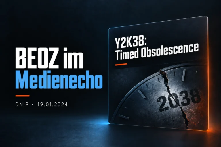 Dunkles Beitragsbild zum Medienecho für BEOZ mit der Aufschrift «BEOZ im Medienecho», dem Hinweis auf DNIP vom 19.01.2024 sowie einer stilisierten Darstellung des Artikels «Y2K38: Timed Obsolescence» mit gebrochener 2038-Uhr.