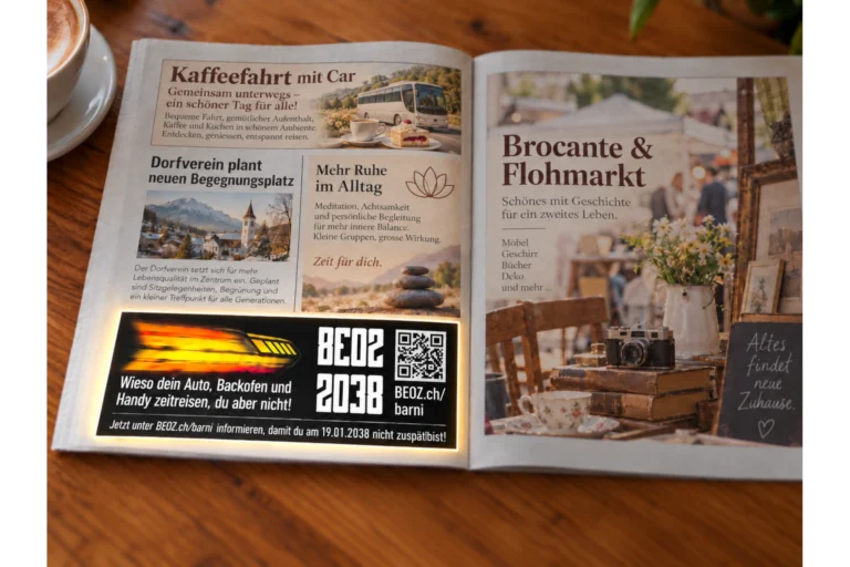 Illustration einer aufgeschlagenen Lokalzeitung mit verschiedenen Inseraten. Hervorgehoben ist ein BEOZ-Inserat zum Jahr-2038-Problem mit QR-Code und Verweis auf beoz.ch/barni.