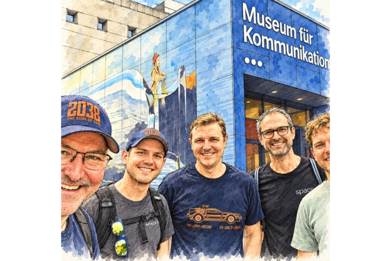 Aquarellartige Illustration eines Gruppenfotos von BEOZ-Mitgliedern vor dem Museum für Kommunikation in Bern. Zwei Mitglieder tragen blaue Caps mit der Aufschrift 2038.