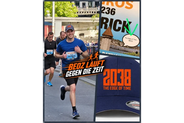 BEOZ-Mitglied Patrick beim Luzerner Stadtlauf mit Startnummer 6236 und blauer 2038-Cap. Die Collage zeigt zudem die Cap mit dem Schriftzug «The Edge of Time» und das Motto «BEOZ läuft gegen die Zeit».