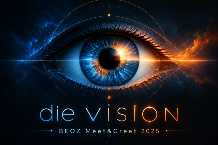 Grosses stilisiertes Auge mit leuchtend blau-orangefarbener Iris vor dunklem kosmischem Hintergrund. Darunter die Schriftzüge «die VISION» und «BEOZ Meet & Greet 2025».