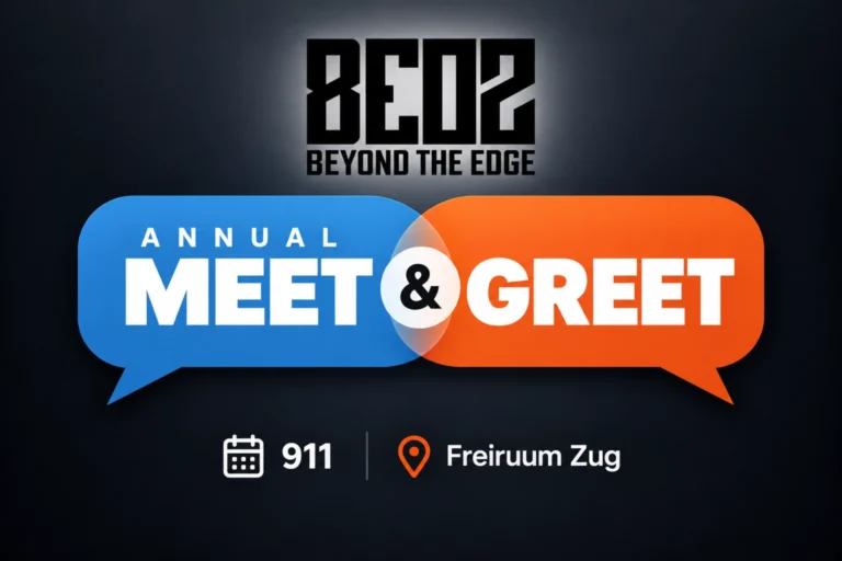 Dunkles Beitragsbild zum BEOZ Meet and Greet mit grossem BEOZ-Logo, blauer und orangefarbener Sprechblase, dem Schriftzug Annual Meet and Greet sowie dem Hinweis 911 und Freiruum Zug.