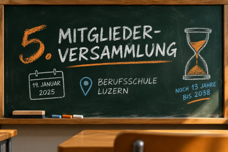 Grüne Schultafel mit Kreideschrift zur 5. BEOZ-Mitgliederversammlung am 19. Januar 2025 in der Berufsschule Luzern. Eine Sanduhr erinnert an die verbleibenden 13 Jahre bis 2038.