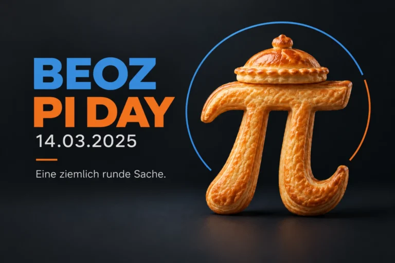 Beitragsbild zum BEOZ Pi Day am 14. März 2025 mit blau-orangefarbenem Schriftzug, einem grossen π-Symbol aus Blätterteig und dem Motto «Eine ziemlich runde Sache».