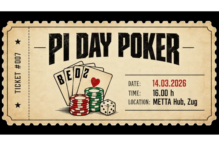 Vintage-Pokerticket zum BEOZ Pi Day Poker 2026 mit Spielkarten, Pokerchips und Veranstaltungsdaten vom 14. März 2026.