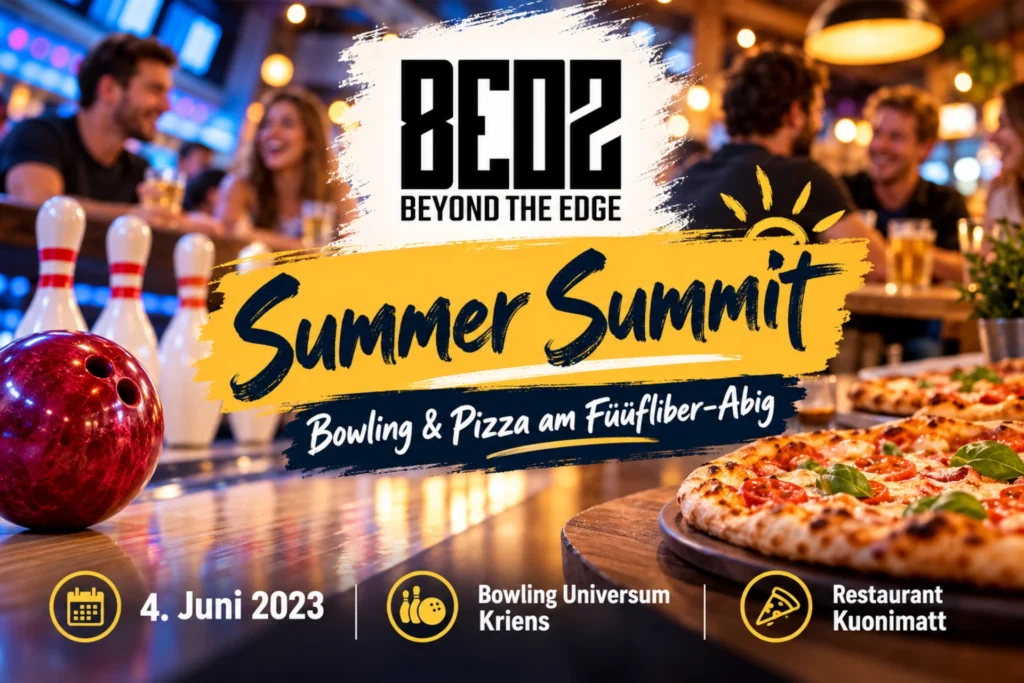 Illustration zum ersten BEOZ Summer Summit mit Bowlingkugel, Kegeln, Pizza und BEOZ-Logo. Dazu die Hinweise auf den 4. Juni 2023, Bowling Universum Kriens und Restaurant Kuonimatt.