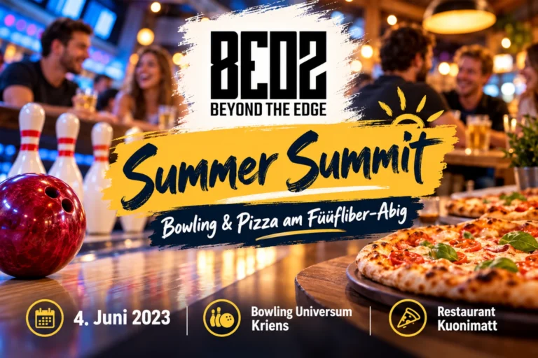 Illustration zum ersten BEOZ Summer Summit mit Bowlingkugel, Kegeln, Pizza und BEOZ-Logo. Dazu die Hinweise auf den 4. Juni 2023, Bowling Universum Kriens und Restaurant Kuonimatt.