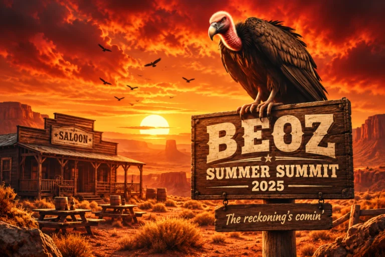 Western-Illustration zum BEOZ Summer Summit 2025 mit einem grossen Geier auf einem hölzernen BEOZ-Schild, einem Saloon im Sonnenuntergang und dem Schriftzug «The reckoning’s comin’».