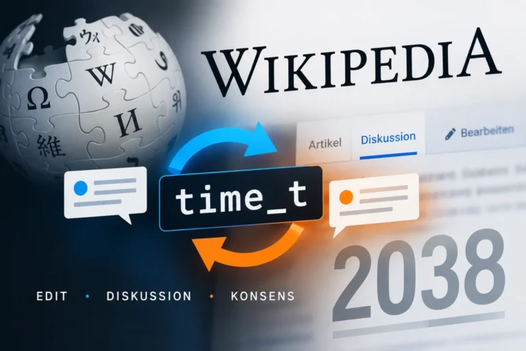 Illustration zum Wikipedia-Edit-War der BEOZ Association mit Wikipedia-Schriftzug, Puzzle-Globus, dem Datentyp time_t, Diskussionspfeilen und der Jahreszahl 2038.
