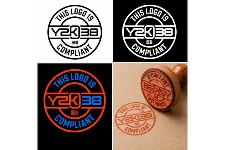 Viergeteilte Collage mit dem Y2K38-Compliant-Logo in Schwarz auf Weiss, Weiss auf Schwarz und Blau-Orange auf Schwarz sowie einem Holzstempel mit orange-rotem Abdruck.