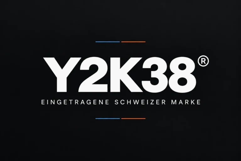 Schwarzes Beitragsbild mit grossem weissem Schriftzug «Y2K38®», dem Zusatz «Eingetragene Schweizer Marke» und dezenten Linien in Blau und Orange.
