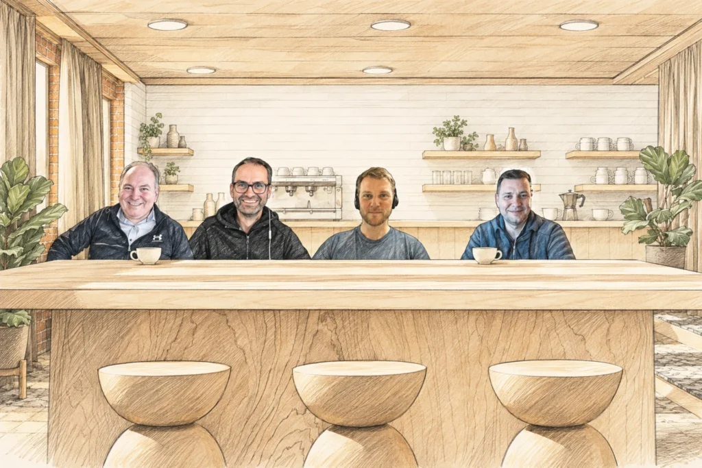 Kolorierte Zeichnung der zweiten virtuellen BEOZ-Mitgliederversammlung 2022 mit vier Teilnehmern vor einer gemeinsamen digitalen Café-Kulisse mit Holztresen.